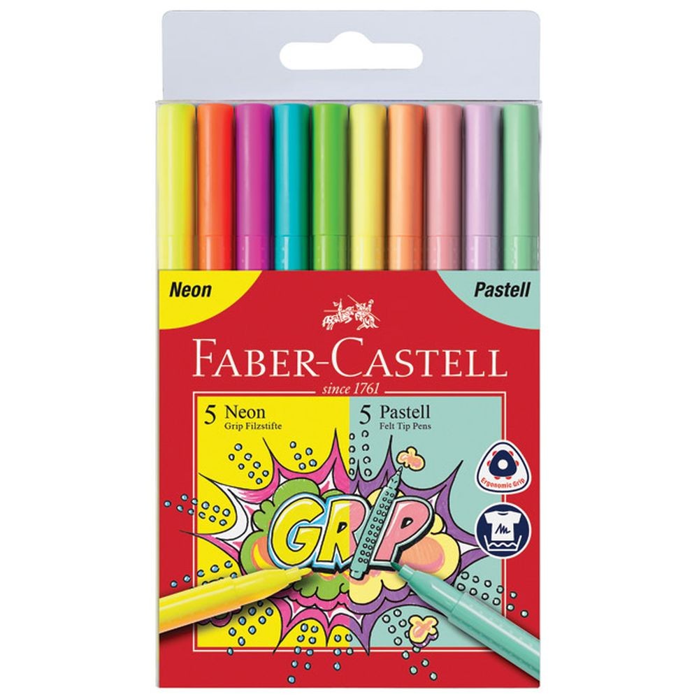 Flomaster školski 10 boja Grip neon+ pastel Faber Castell